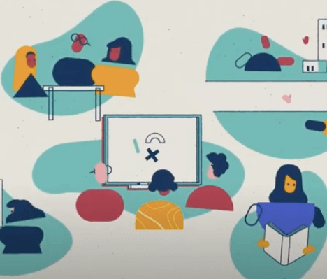 Imagem com desenhos de pessoas estudando