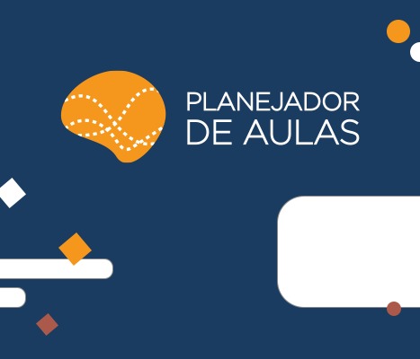 O texto "Planejador de aulas" com elementos geométricos e fundo da cor azul escuro.